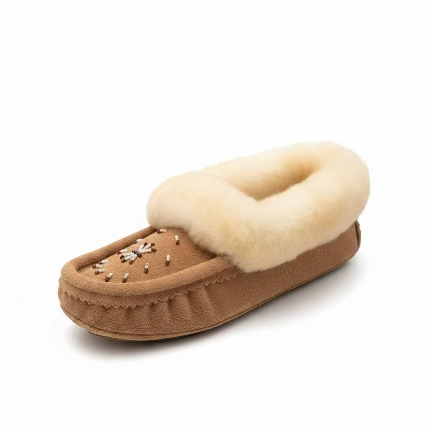 Brown slipper with white fur lining on a white background
