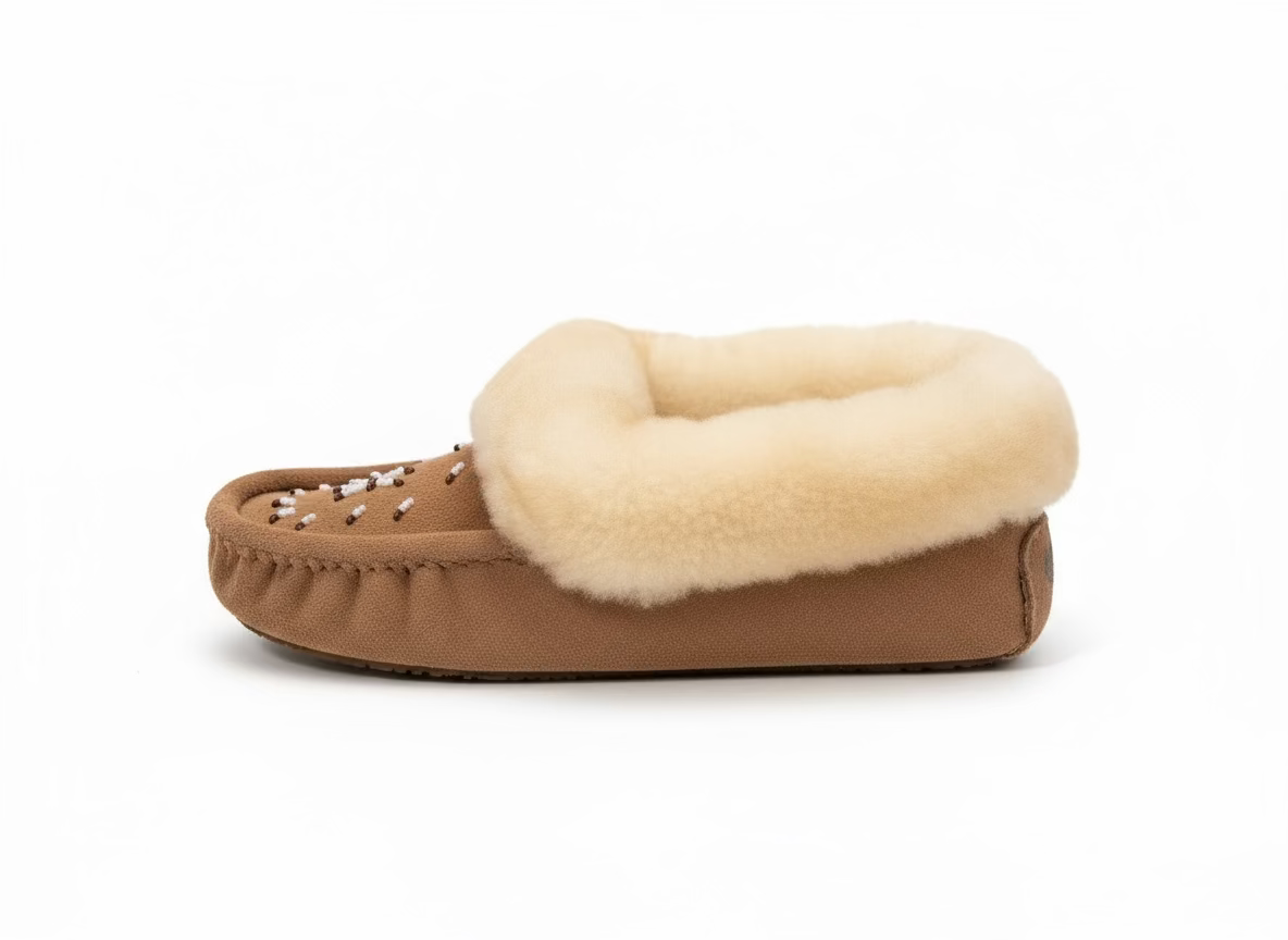 Brown slipper with a fluffy white sole on a white surface