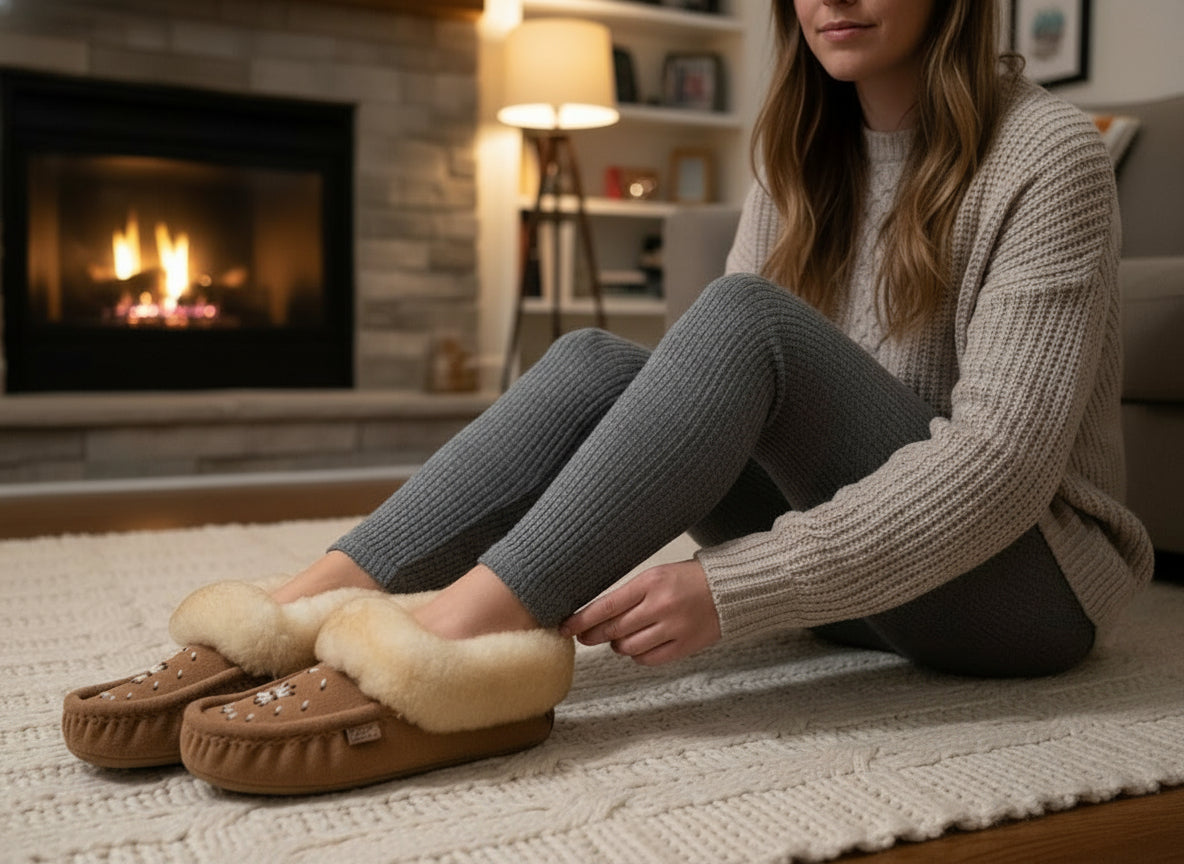 Women's Mocha Suede Moccasins With Fleece Lining And Sheepskin Collar