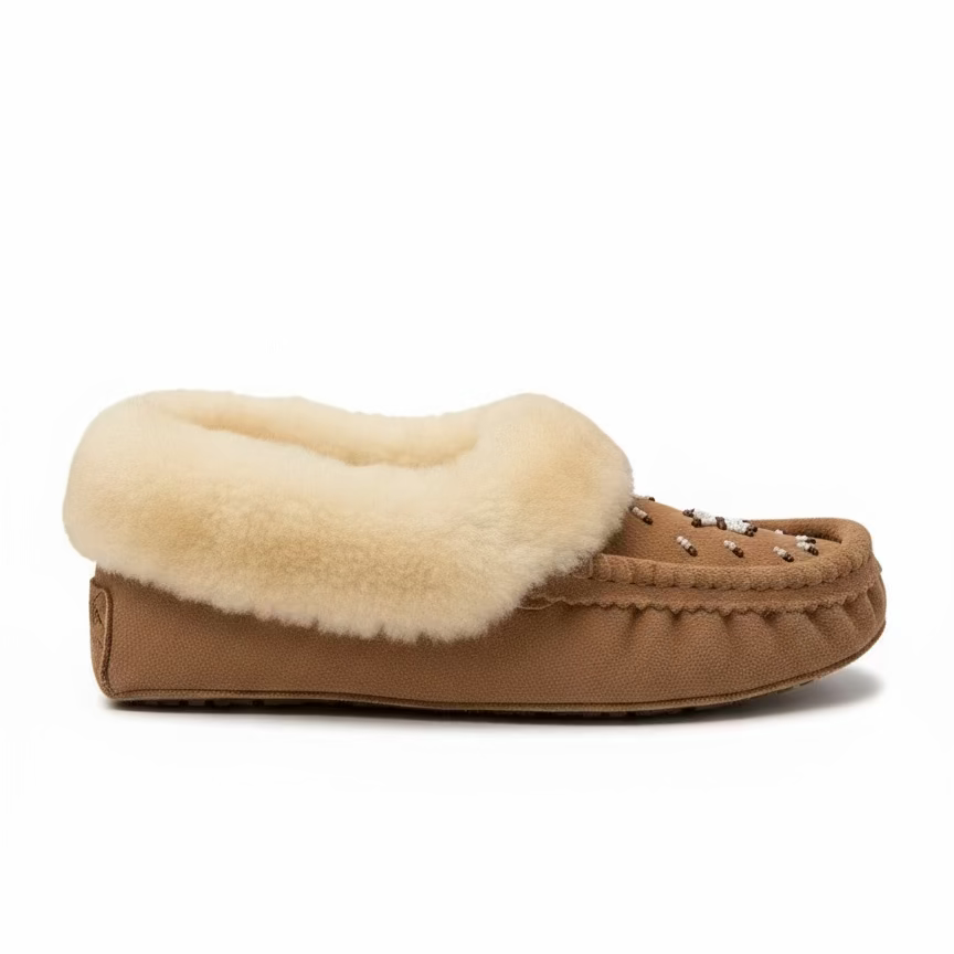 Brown slipper with white fur lining on a white background