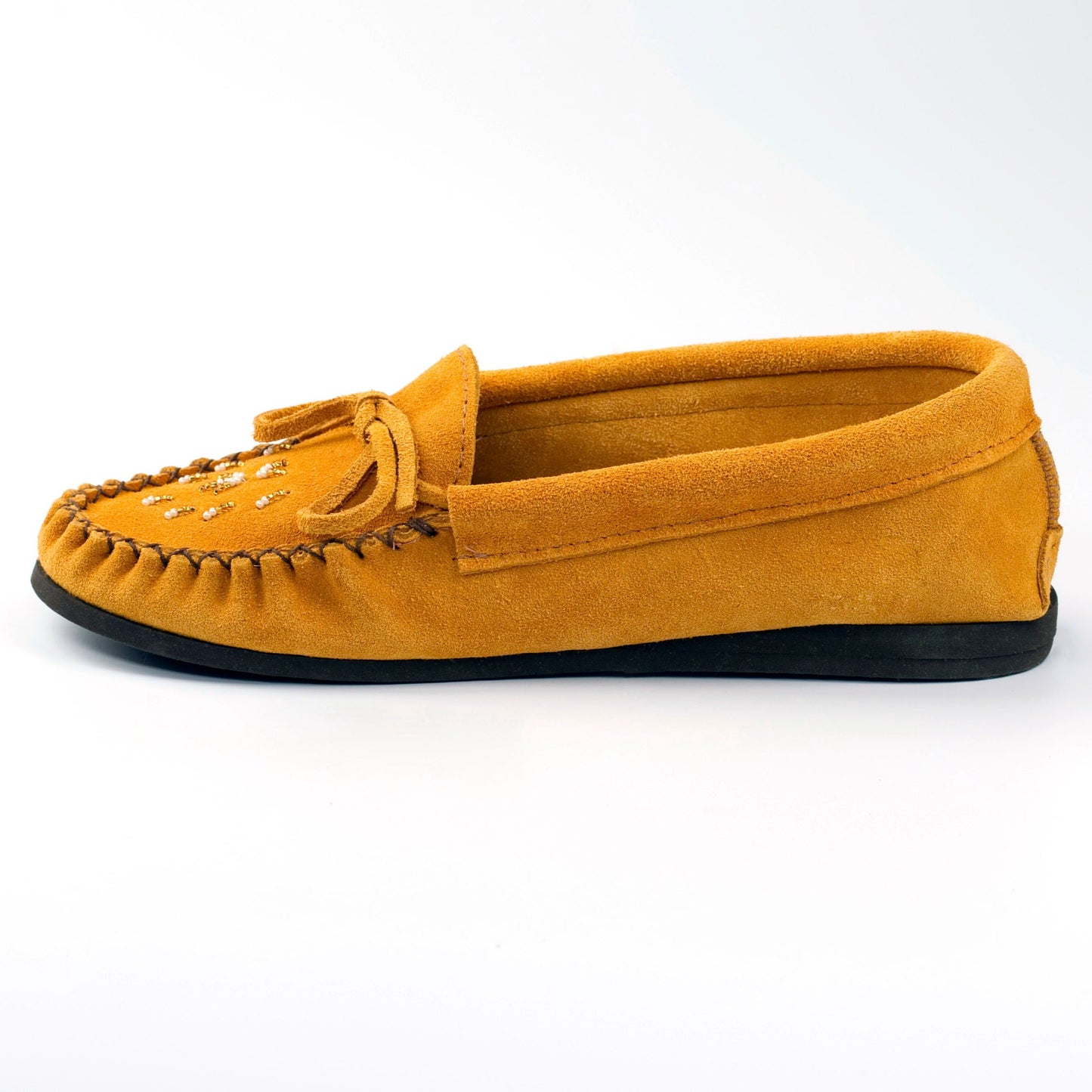 Women's Indian Tan Suede Moccasins With Beaded Vamp and Indian Rubber Sole