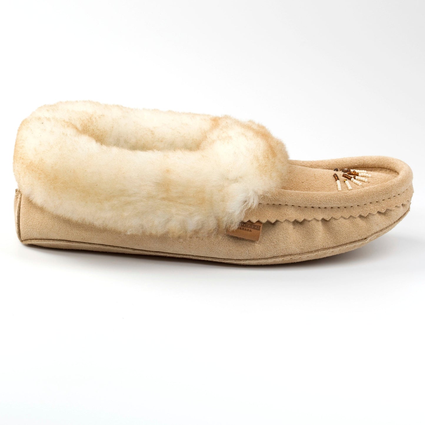 Women's Sand Suede Moccasins With Sheepskin Footbed, Lining, And Collar