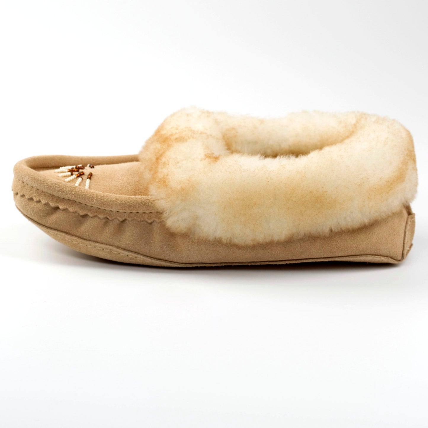 Women's Sand Suede Moccasins With Sheepskin Footbed, Lining, And Collar