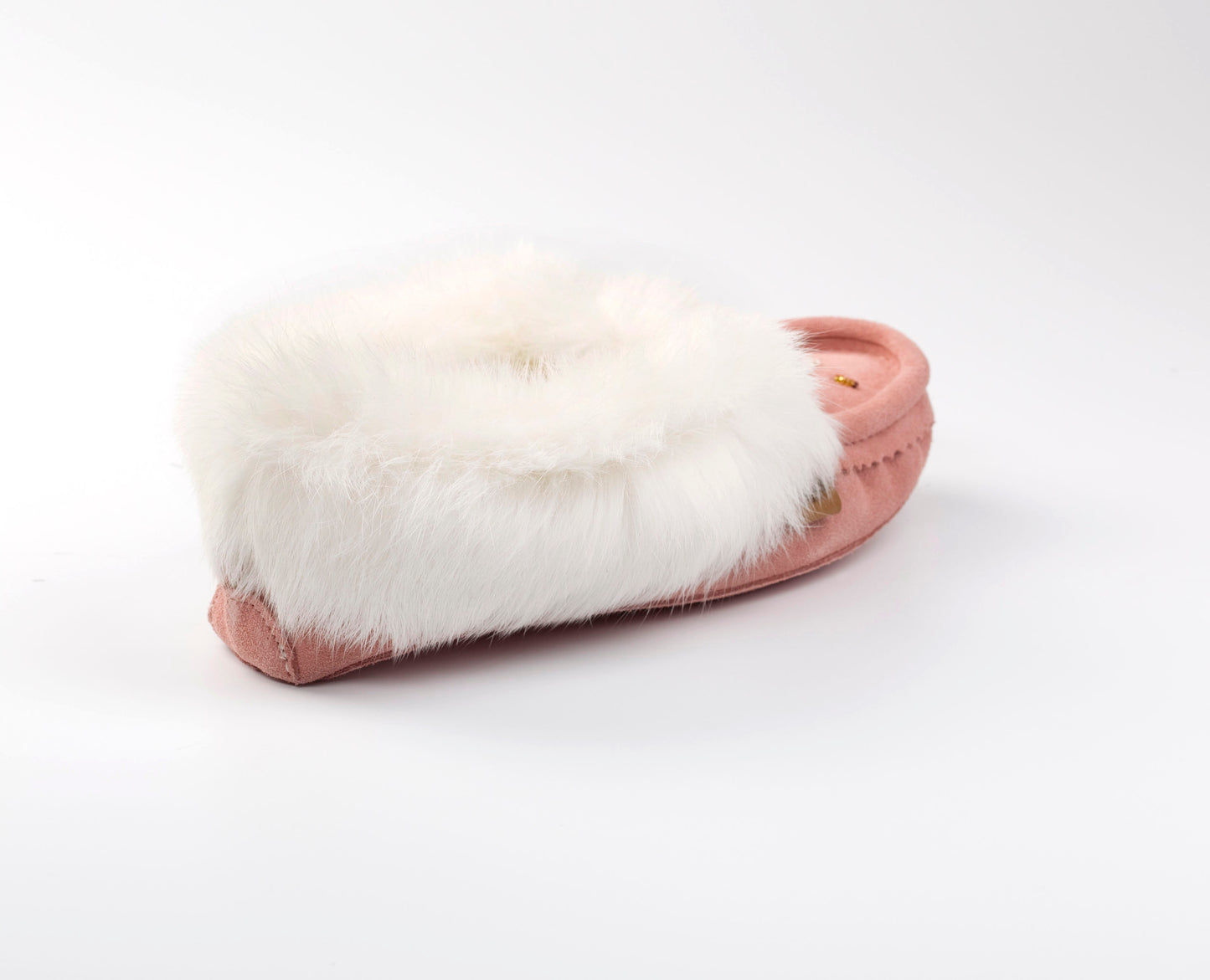 The Canmore Handcrafted Pink & White Rabbit Fur Moccasin Slippers | Women's