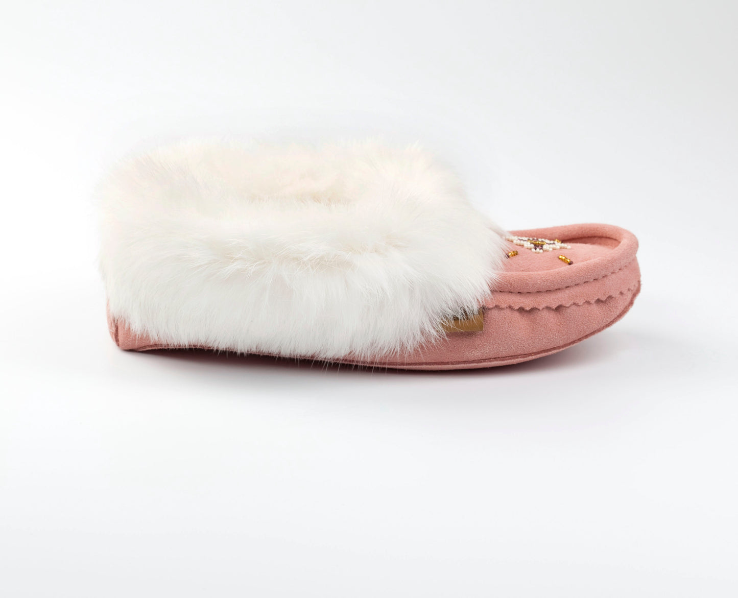 The Canmore Handcrafted Pink & White Rabbit Fur Moccasin Slippers | Women's