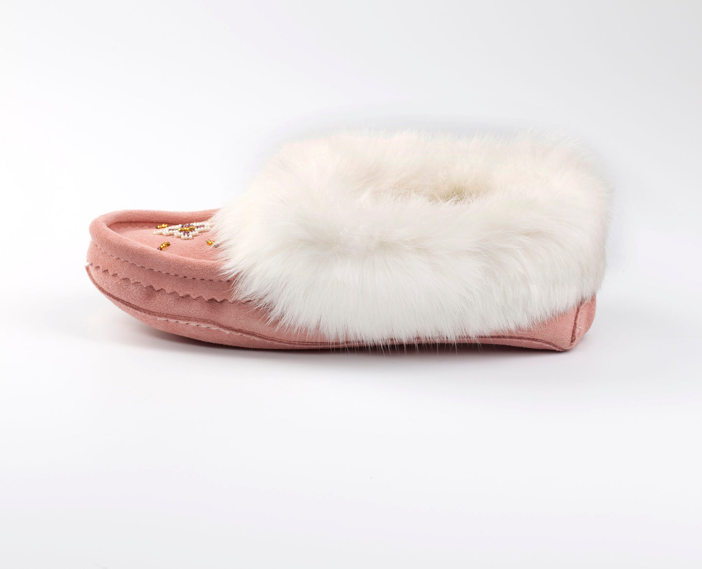 The Canmore Handcrafted Pink & White Rabbit Fur Moccasin Slippers | Women's