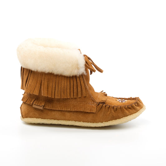 Women's Dark Tan Suede Sheepskin Lined Concho Mukluk Boots With Fringe