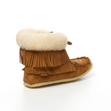 Load image into Gallery viewer, Women&#39;s Dark Tan Suede Sheepskin Lined Concho Mukluk Boots With Fringe
