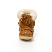 Load image into Gallery viewer, Women&#39;s Dark Tan Suede Sheepskin Lined Concho Mukluk Boots With Fringe
