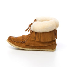 Load image into Gallery viewer, Women&#39;s Dark Tan Suede Sheepskin Lined Concho Mukluk Boots With Fringe
