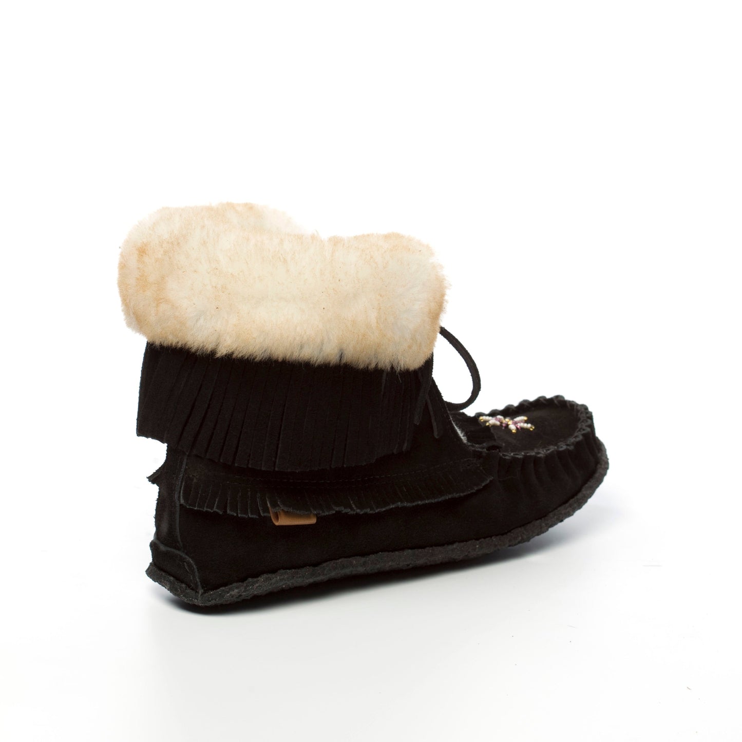 Women's Black Suede Sheepskin Lined Concho Mukluk Boots With Fringe