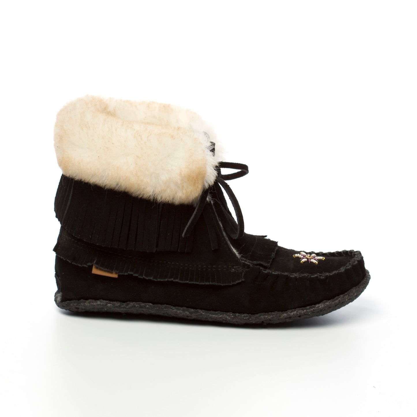 Women's Black Suede Sheepskin Lined Concho Mukluk Boots With Fringe