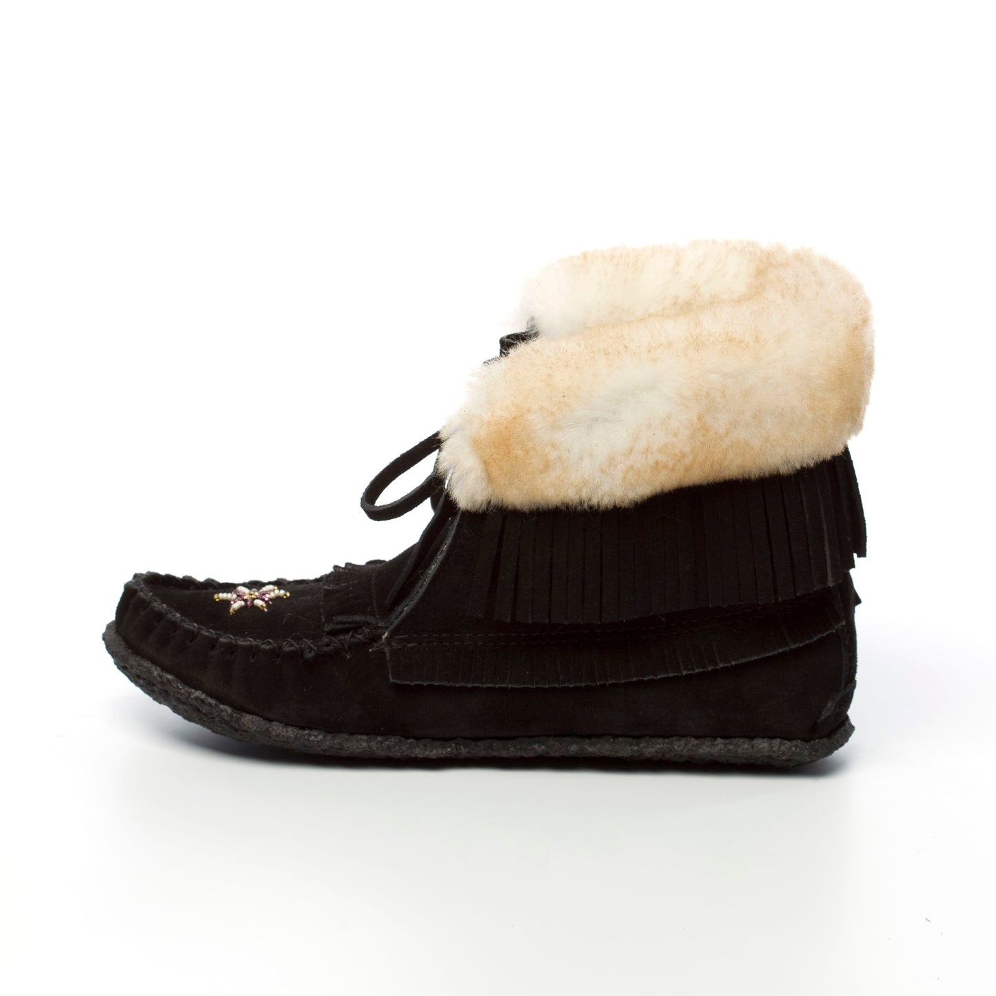 Women's Black Suede Sheepskin Lined Concho Mukluk Boots With Fringe