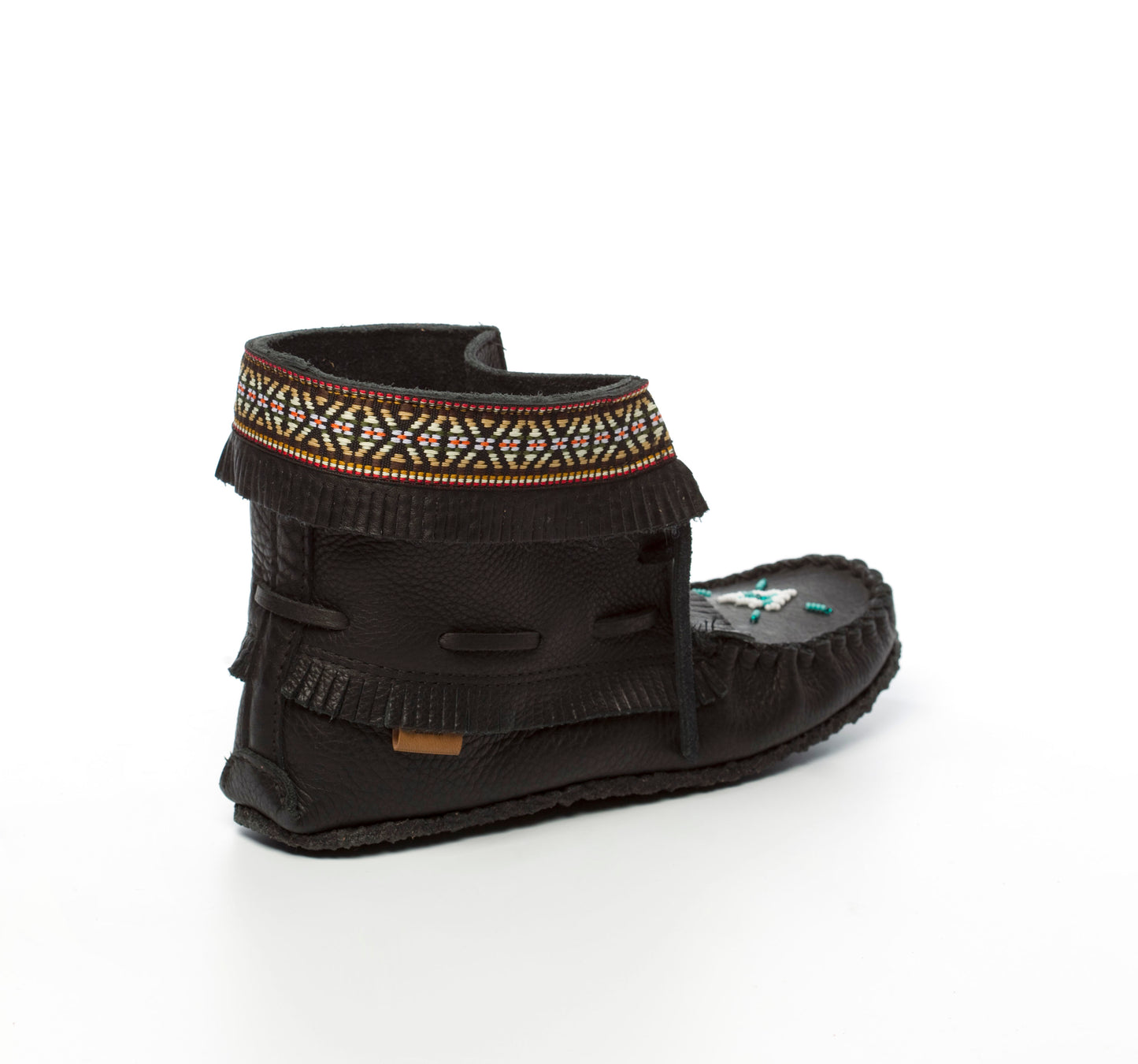 Black Cowhide Leather Concho Moccasin Boots With Fringe And Indian Braid Trim With Beaded Vamp By Tecumseh Canada