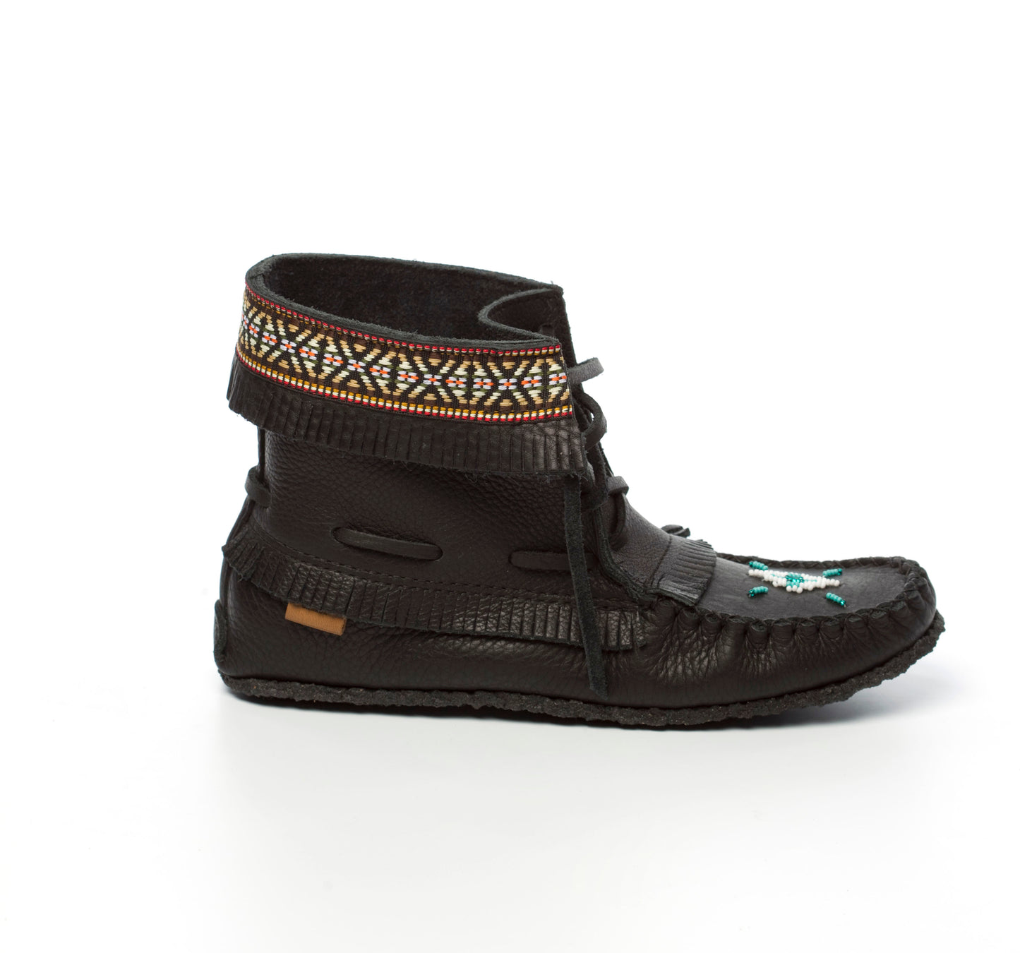 Black Cowhide Leather Concho Moccasin Boots With Fringe And Indian Braid Trim With Beaded Vamp By Tecumseh Canada