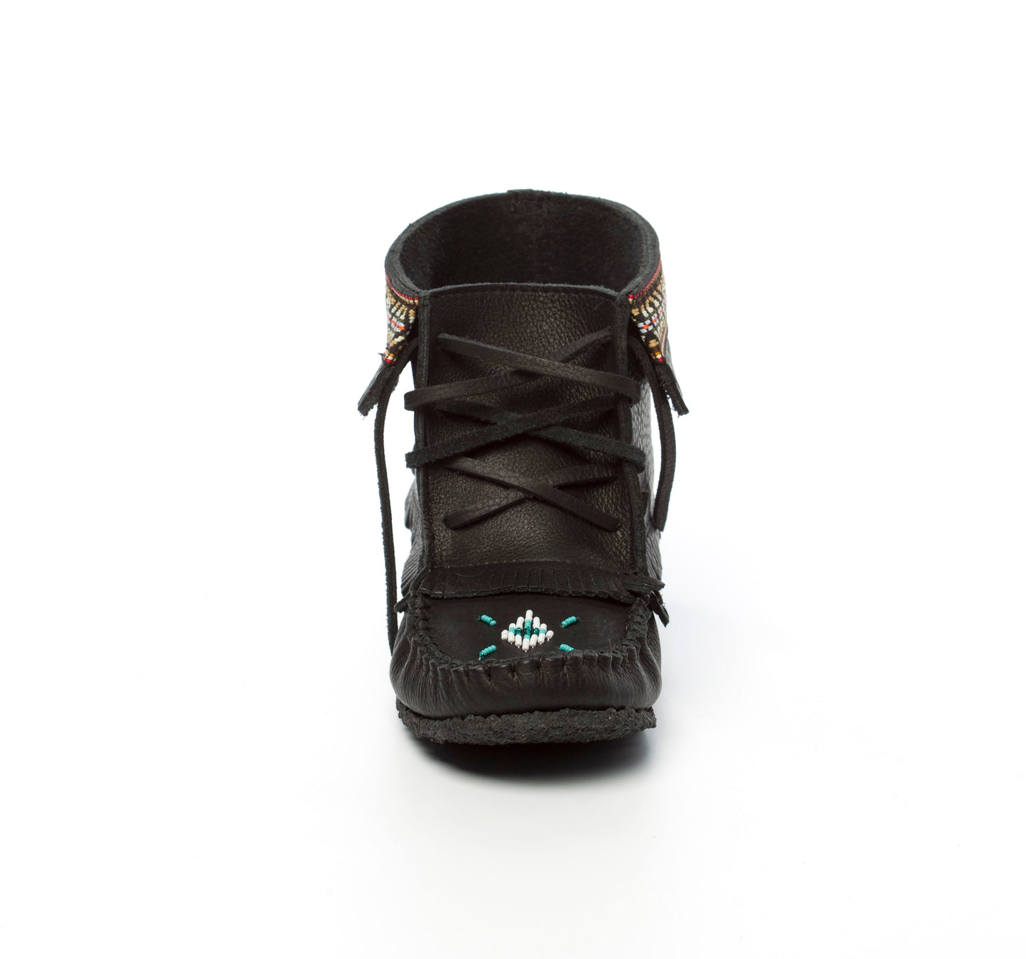 Black Cowhide Leather Concho Moccasin Boots With Fringe And Indian Braid Trim With Beaded Vamp By Tecumseh Canada