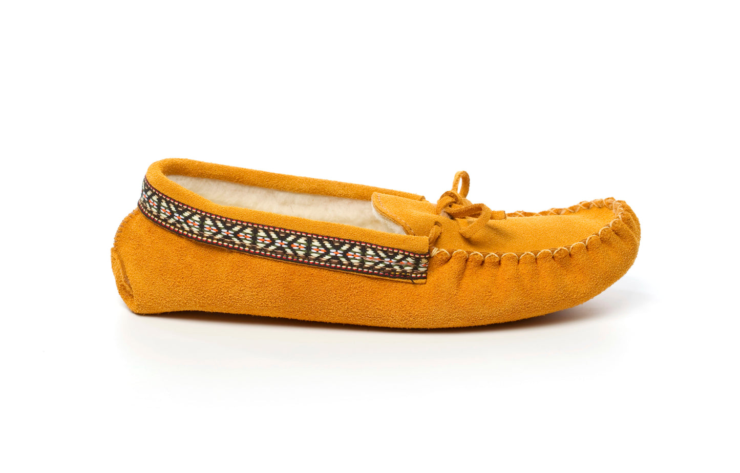 Womens Tecumseh Canada Indian Tan Suede Moccasins With Indian Braid Trim