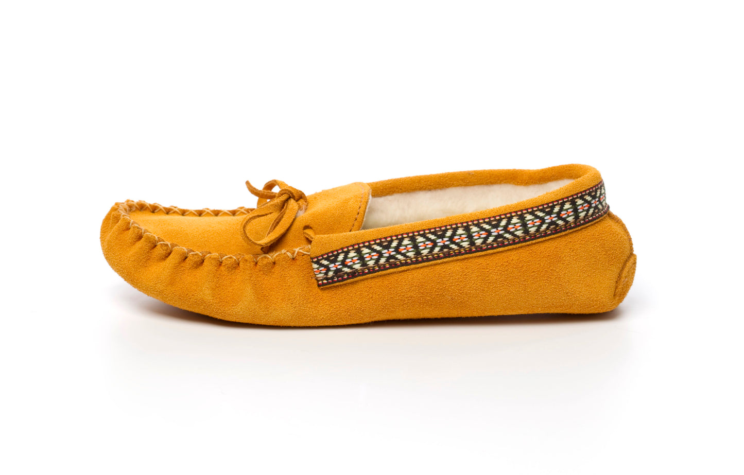 Womens Tecumseh Canada Indian Tan Suede Moccasins With Indian Braid Trim