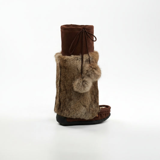 Brown boot with fur trim on a white background
