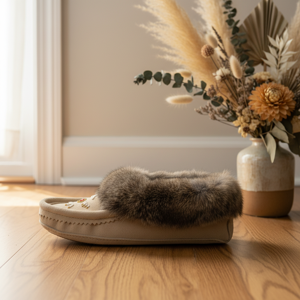 Beige slipper with fur trim on a white surface, blurred background