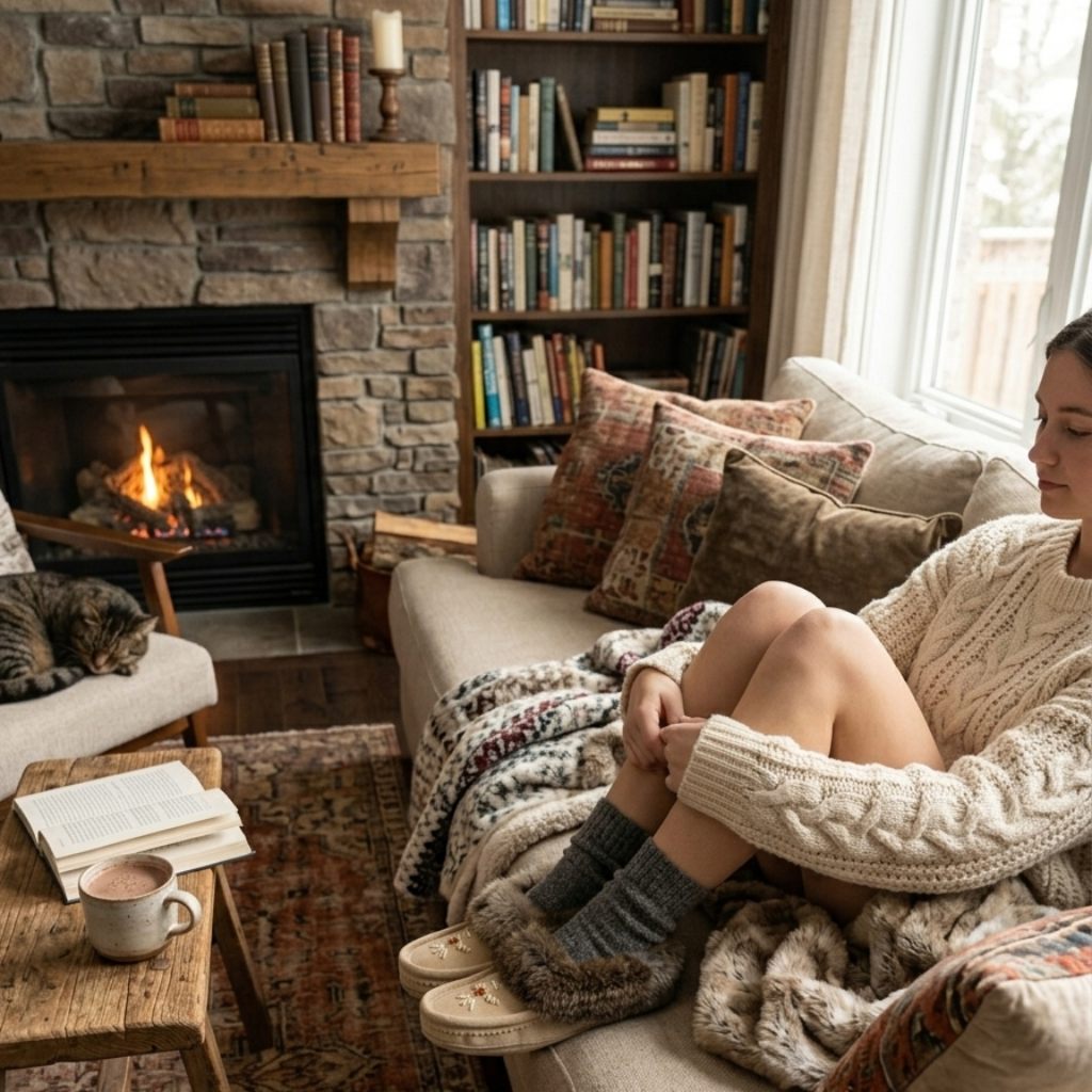 Woman sitting on a couch in a cozy living room with a fireplace and bookshelves.
