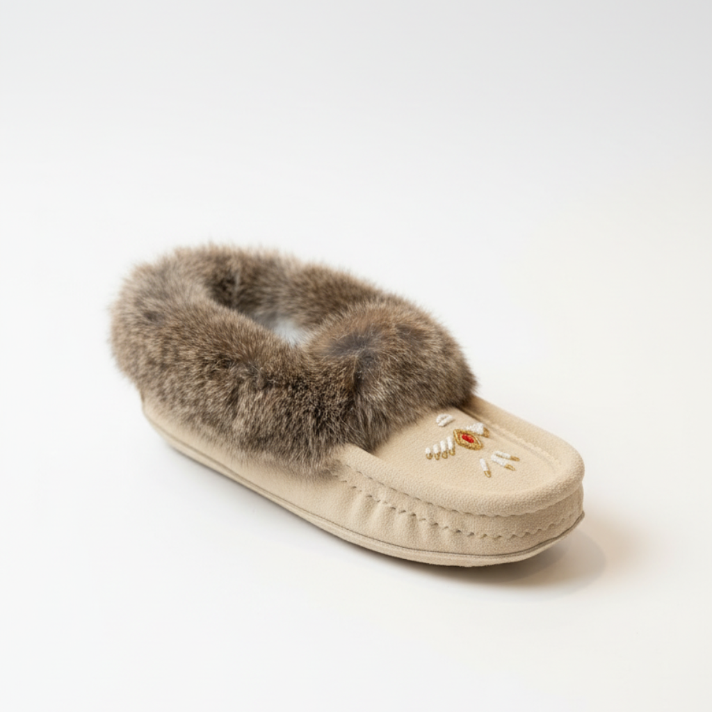 Beige slipper with fur trim on a light surface