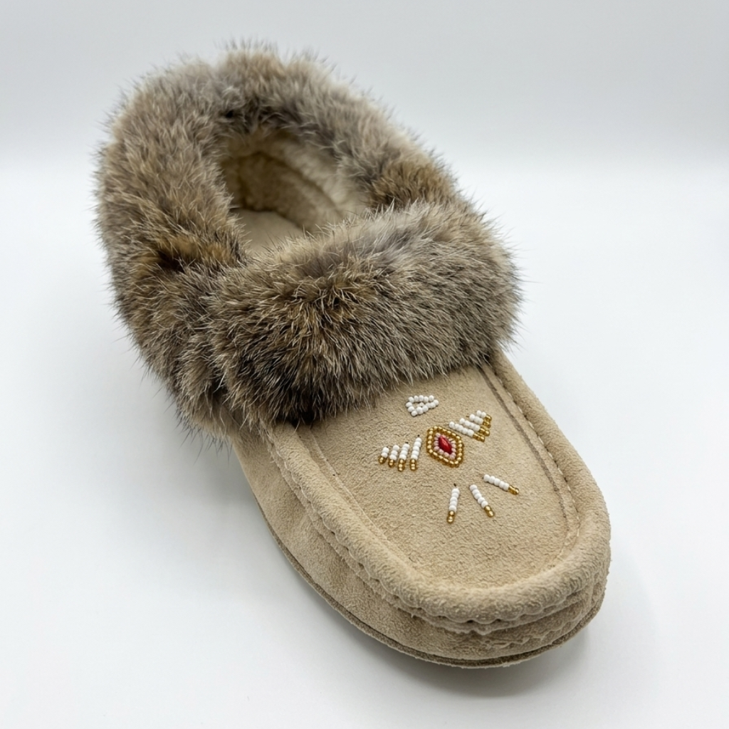 Beige slipper with fur trim on a white background