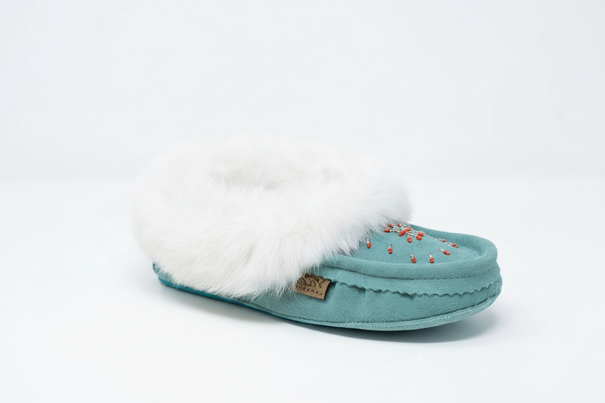 Teal slipper with white fur trim on a white background