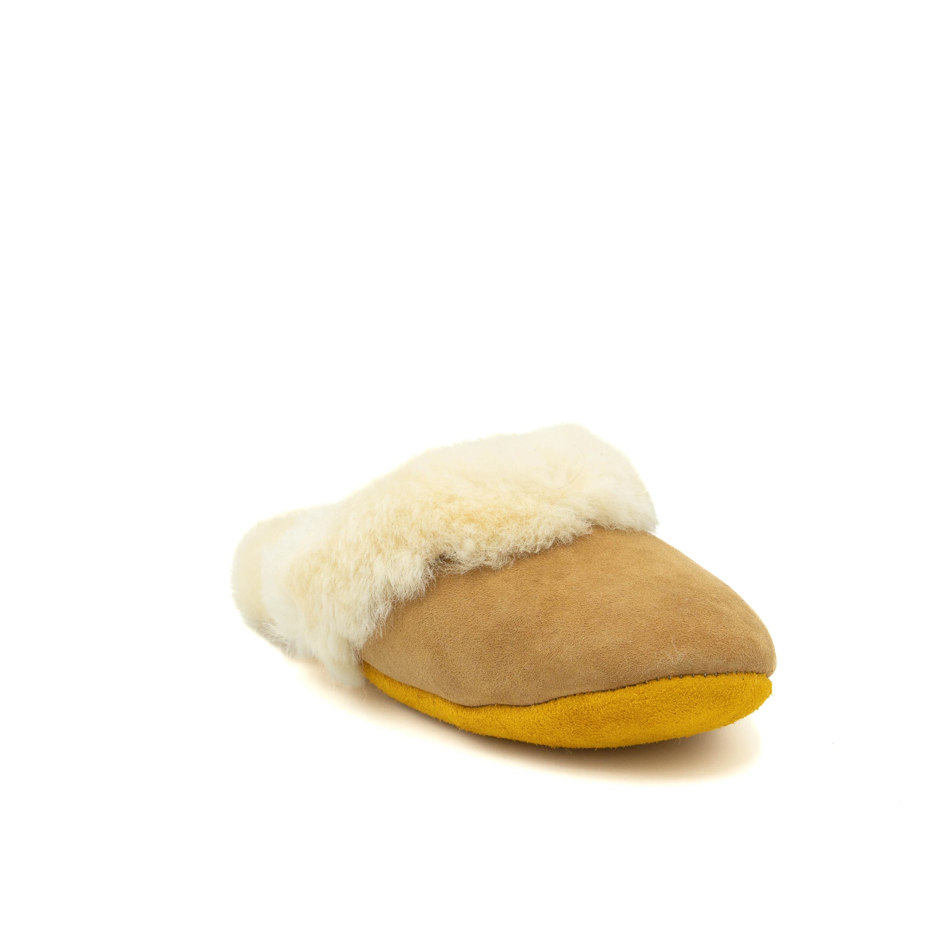 Slipper with white fur lining on a white background