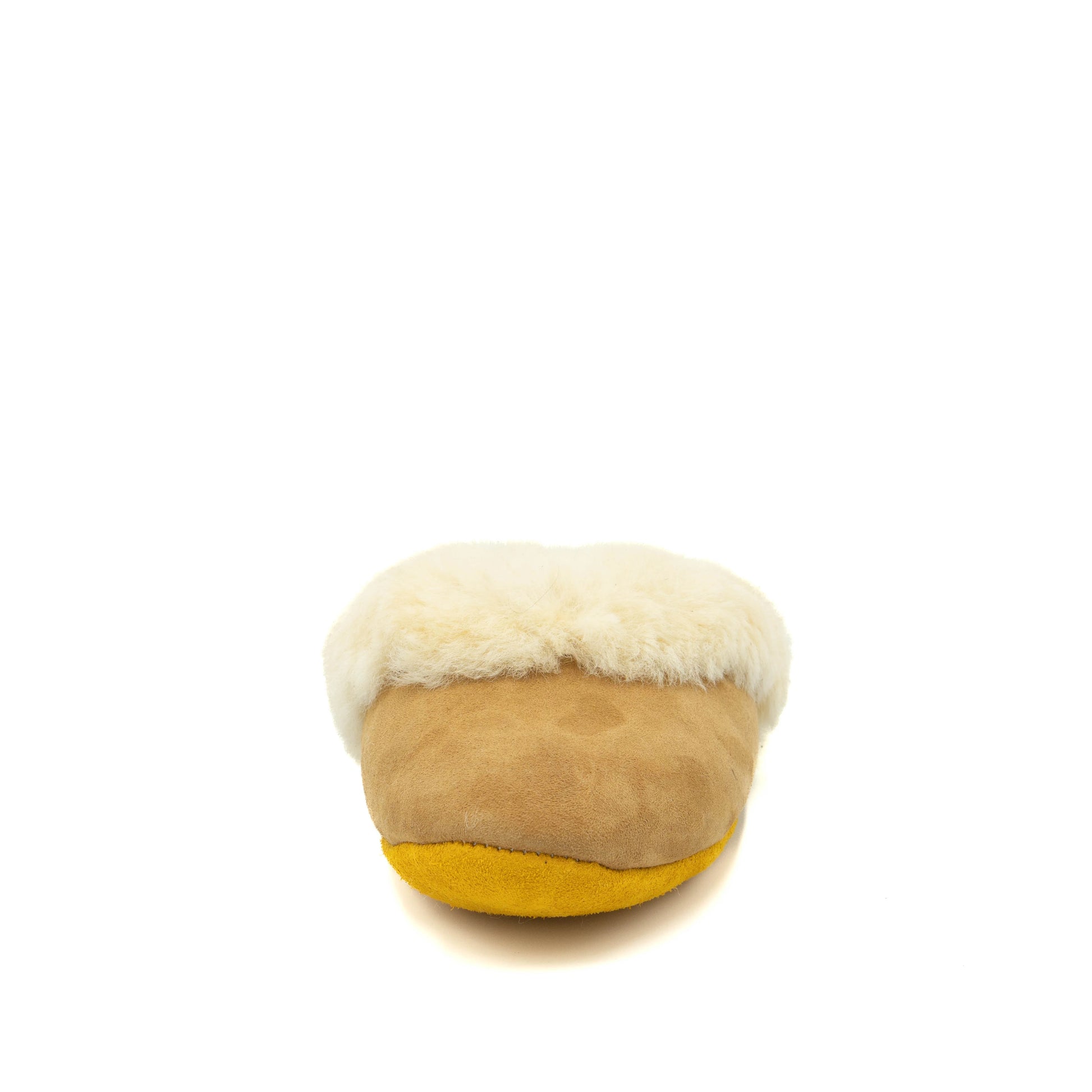 Round plush sheepskin mule with beige vamp, white collar , and yellow tan base on a white background