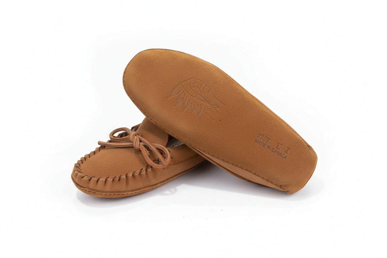 Brown moccasin shoes on a light surface with branding visible