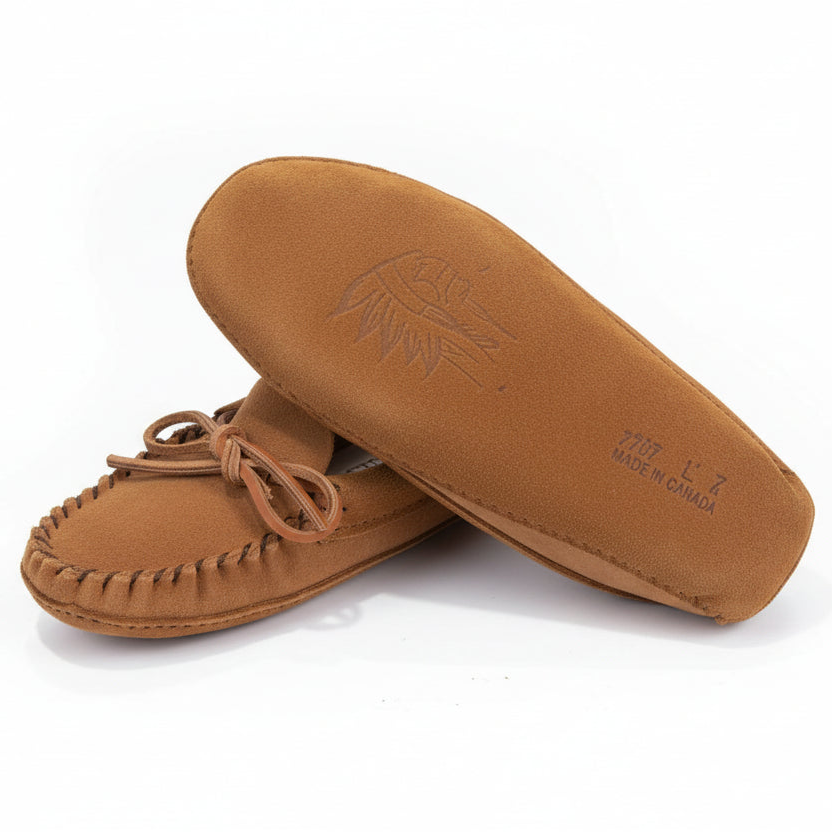 Pair of brown moccasins with a visible brand logo on a white background