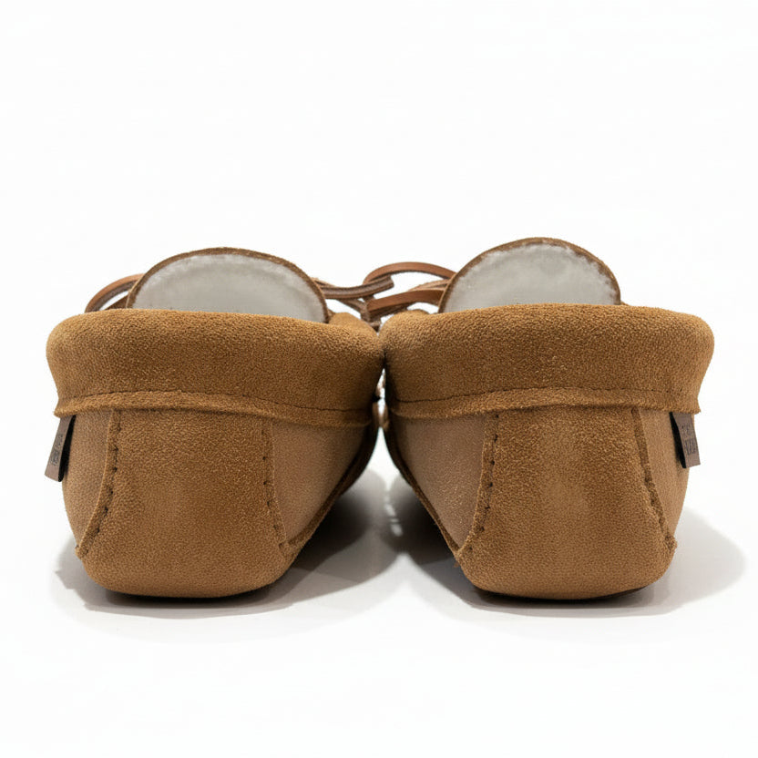 Pair of brown slippers on a white surface
