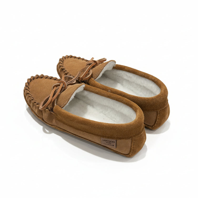 Pair of brown moccasin slippers with white fur lining on a light surface.