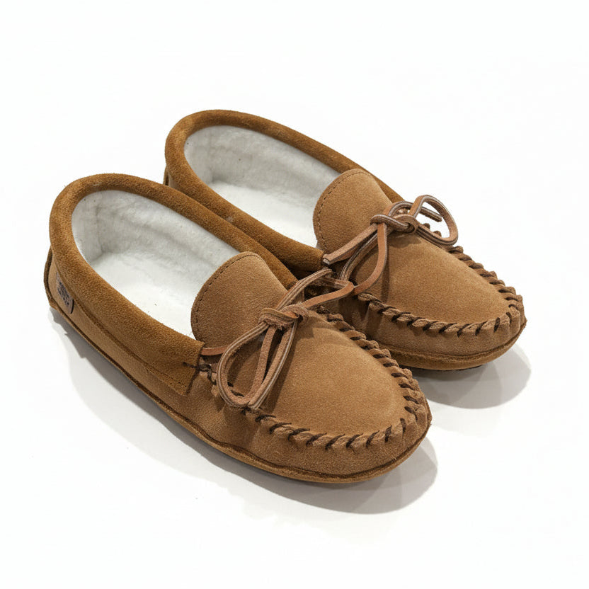 Pair of brown moccasin slippers on a light surface with a dark gray knit item and metal object nearby.