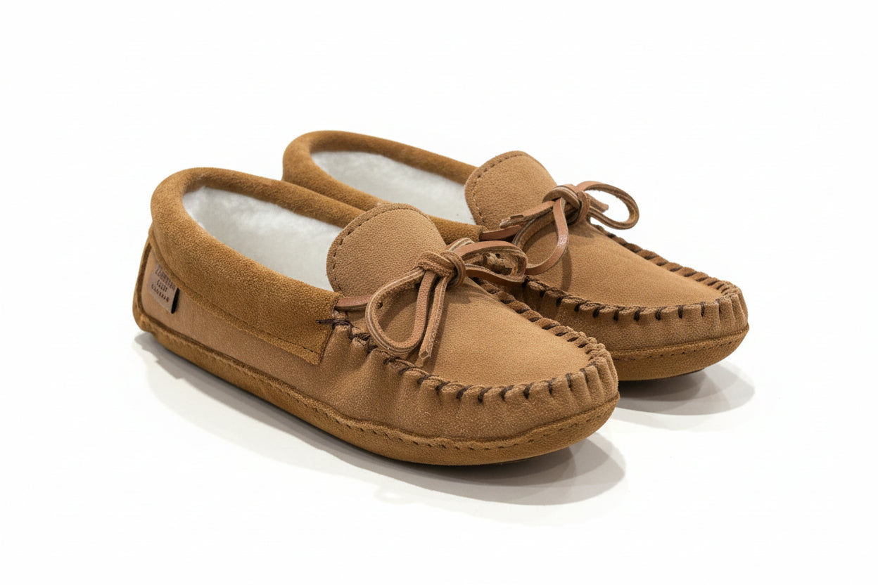 Pair of brown moccasin slippers on a light surface with a blurred background.
