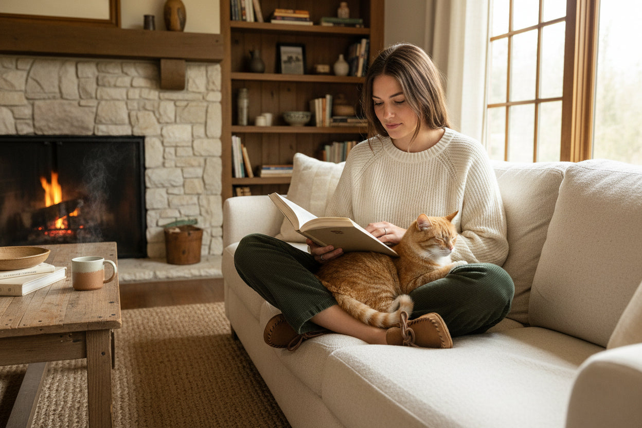 a woman with a cat on her lap while she reads a book ibn here living room wearing moccasins