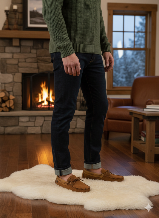 Person wearing a green sweater, dark jeans, and brown shoes in a cozy living room with a fireplace.
