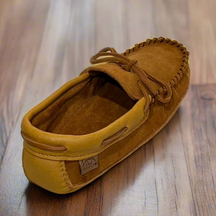 Men's dark tan suede moccasins with cork moosehide trim