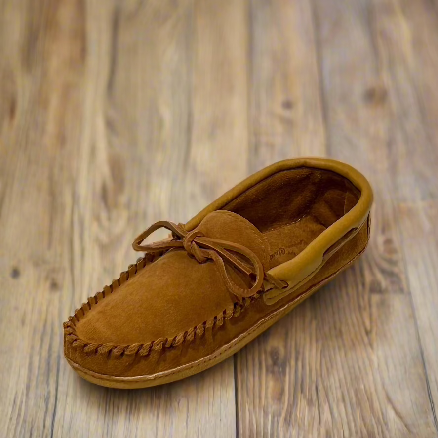 Men's dark tan suede moccasins with cork moosehide trim