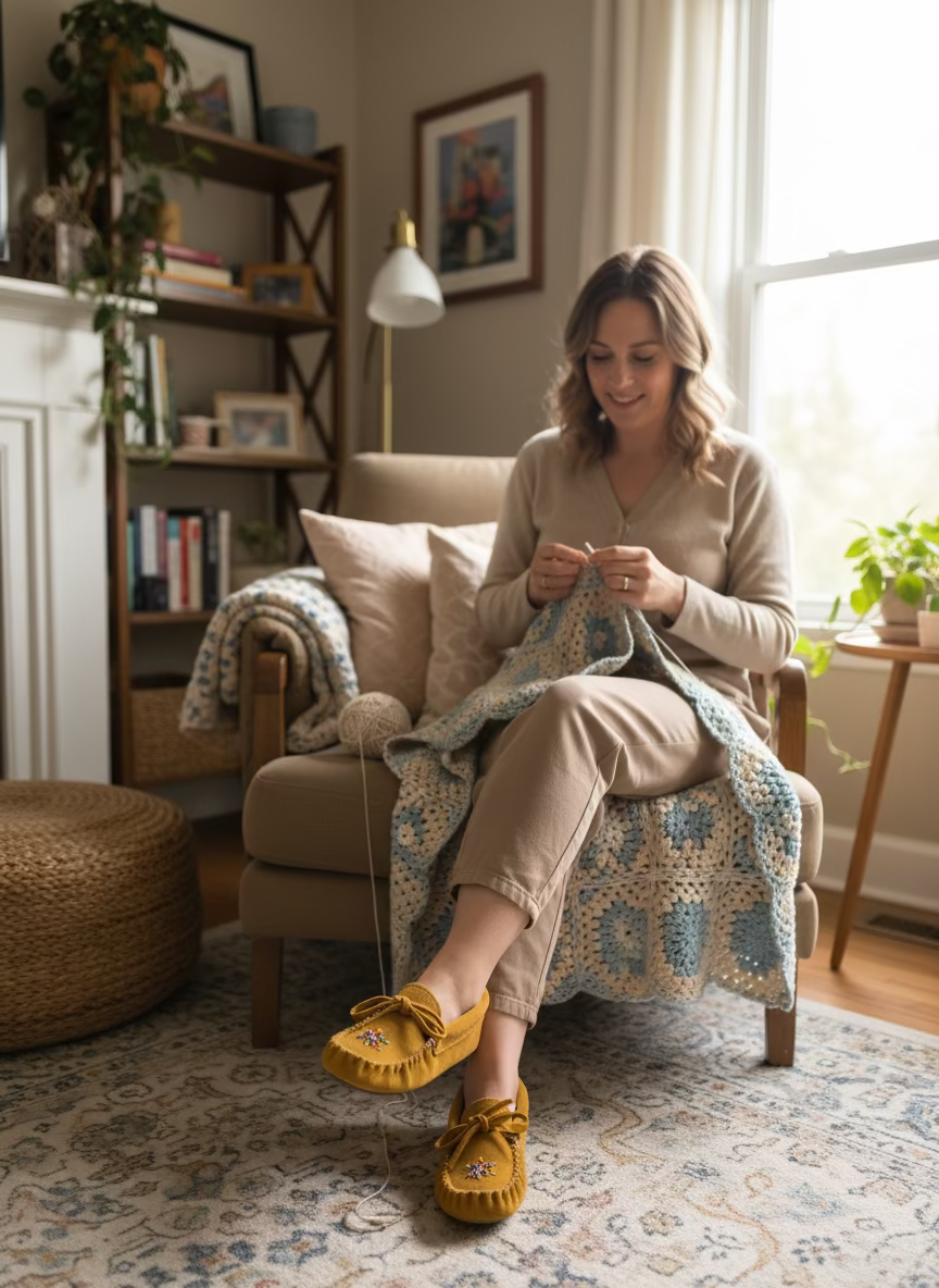 Woman sitting on a chair in a cozy living room, knitting.