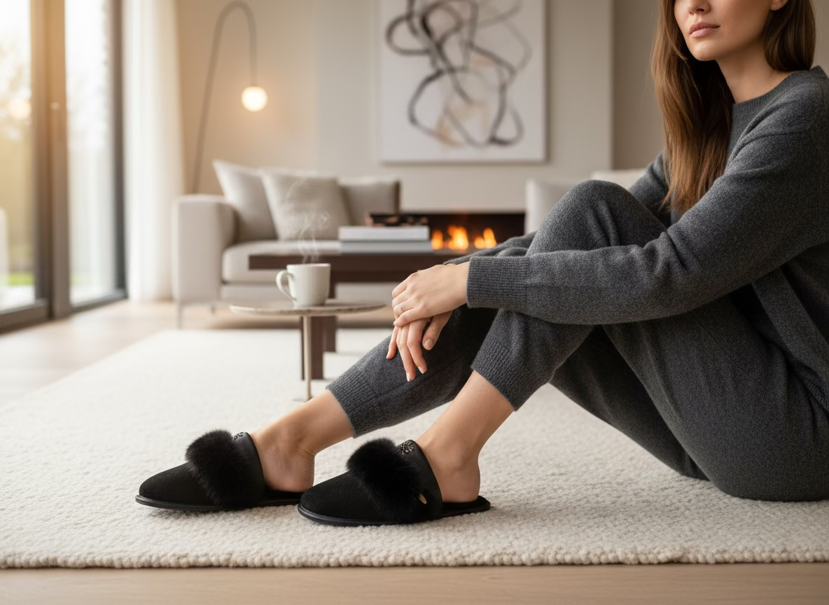 Woman sitting on a rug in a modern living room wearing black slippers.