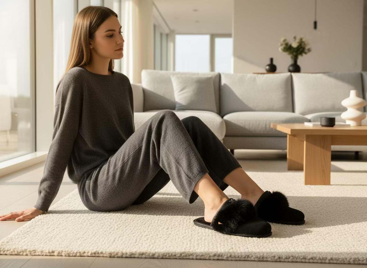 Black slide sandal with fur on a white surface