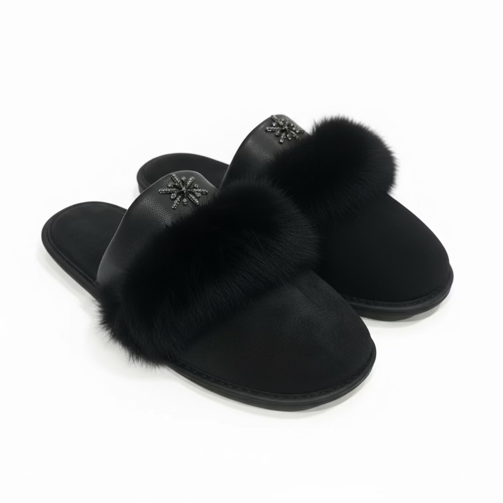 Black slipper with fur on a white background