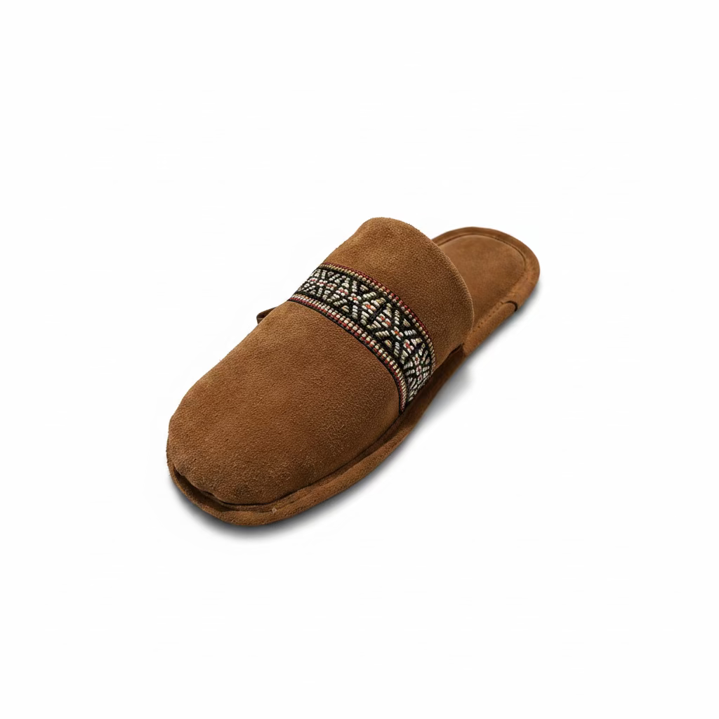 Brown slipper with decorative band on a white surface
