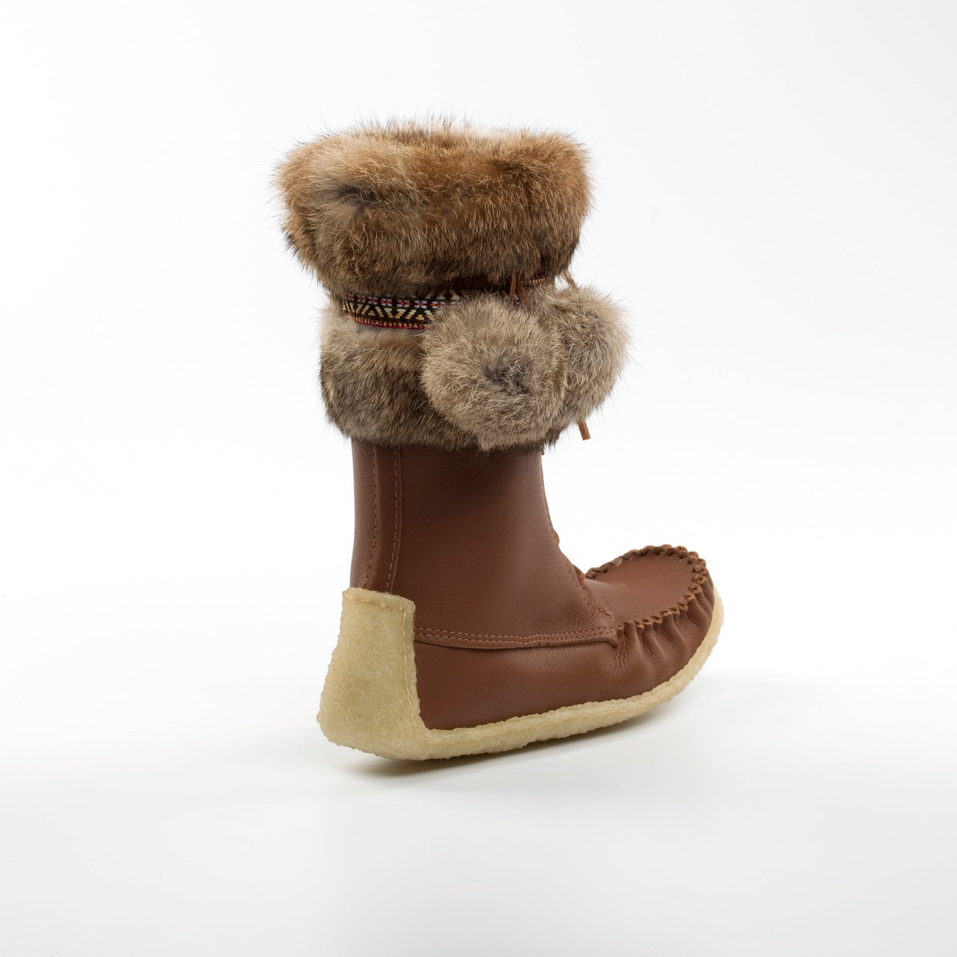Brown boot with fur trim on a white background
