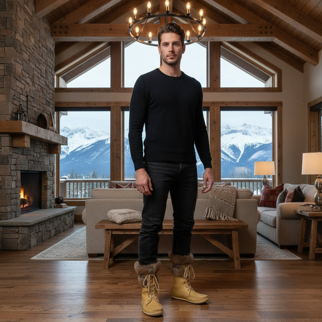 Beige winter boot with fur trim on a white background