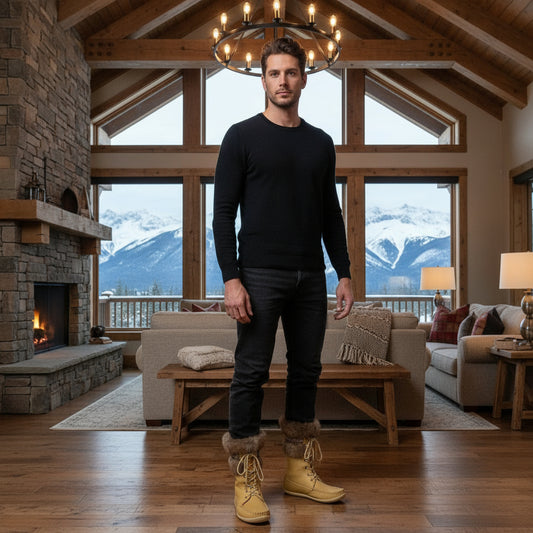 Beige winter boot with fur trim on a white background