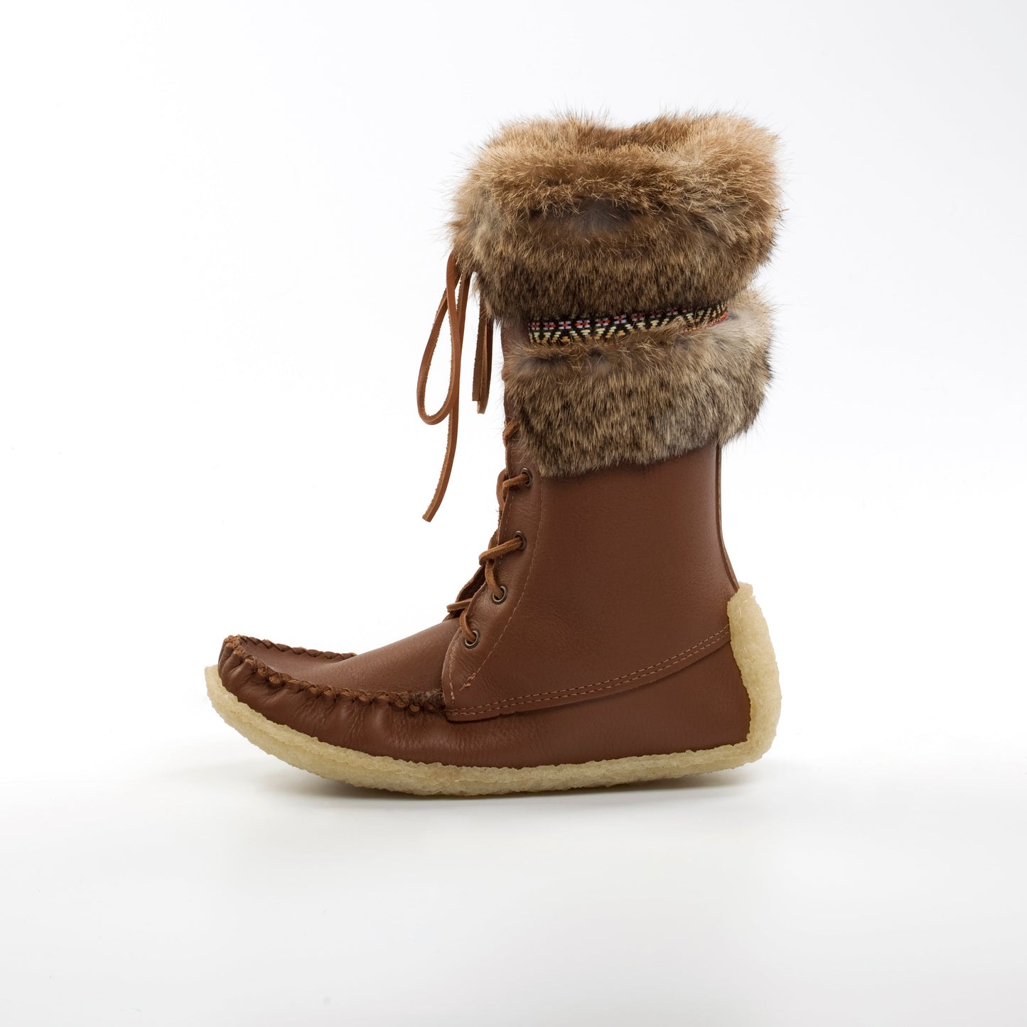 Brown winter boot with fur cuff on a white background