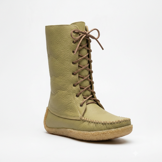 Deer tan lace-up boot on a white background